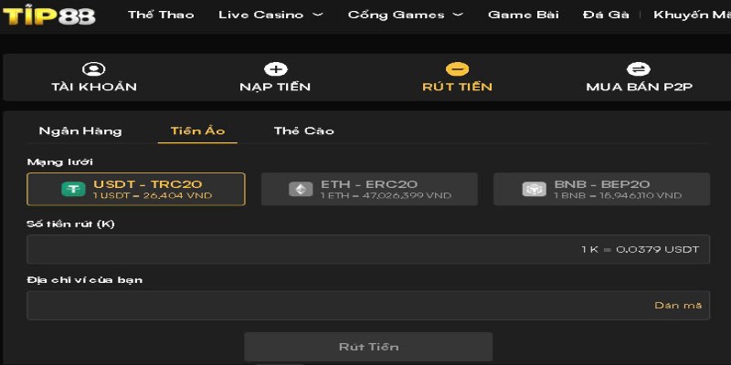 Rút tiền TIP88 bằng giao dịch tiền ảo