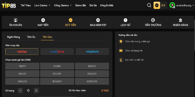 Rút tiền TIP88 bằng thẻ cào